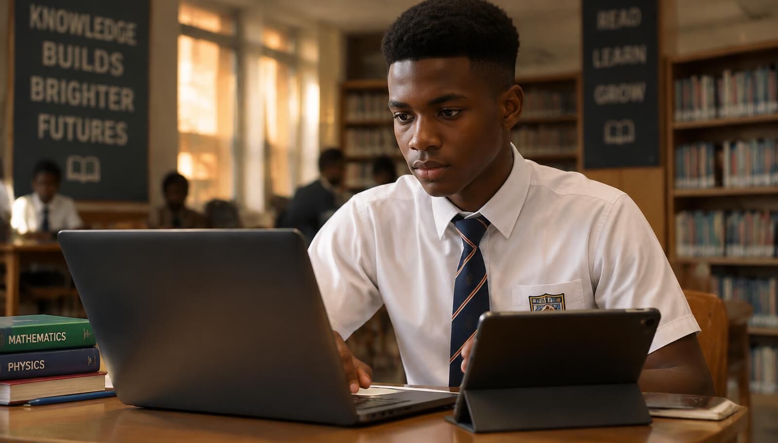 A student studying with a laptop in the school library